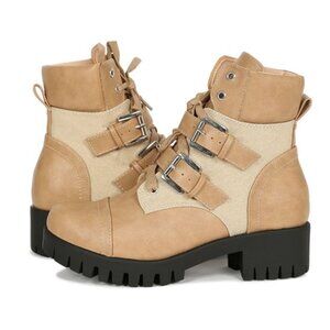 Beige / Light Brown Buckled Lace Up Lug Chunky Platform Boots - Size 8
